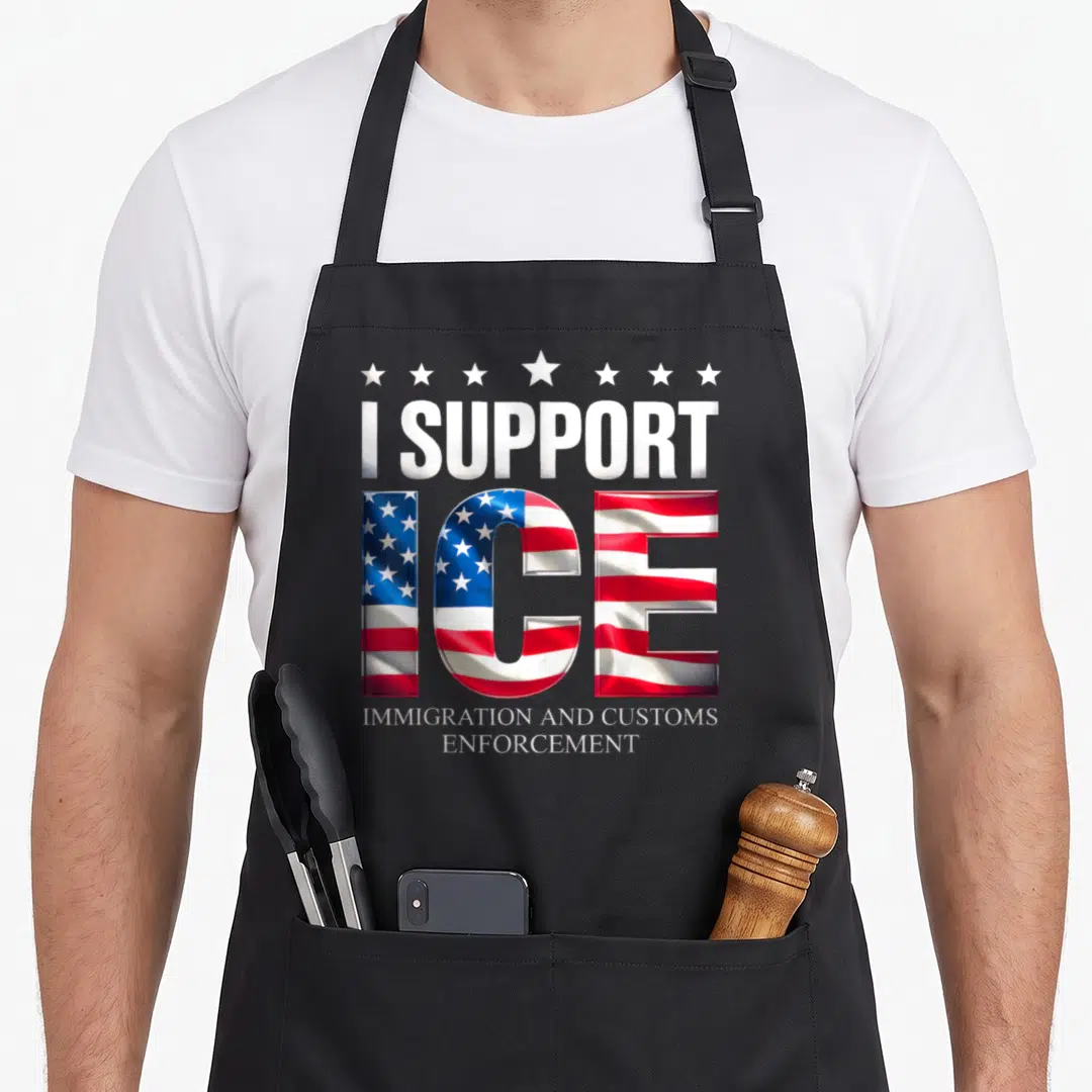Support american flag apron - I SUPPORT ICE text filled with flag pattern under seven white stars — shown on a black cotton canvas apron against a white background