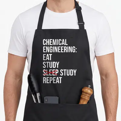 Engineering chemical apron - White stacked text CHEMICAL ENGINEERING EAT STUDY REPEAT with red X crossing out SLEEP — shown on a black cotton canvas apron against a white background