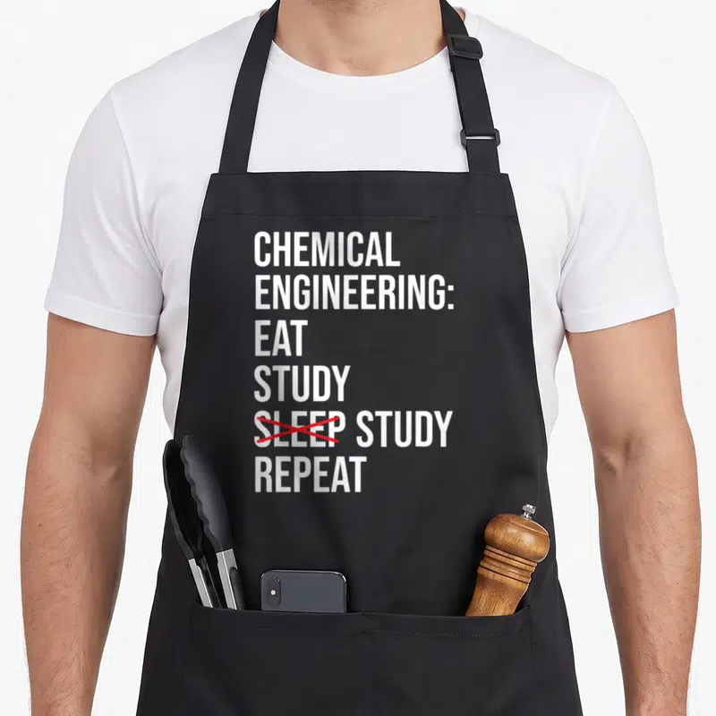 Engineering chemical apron - White stacked text CHEMICAL ENGINEERING EAT STUDY REPEAT with red X crossing out SLEEP — shown on a black cotton canvas apron against a white background