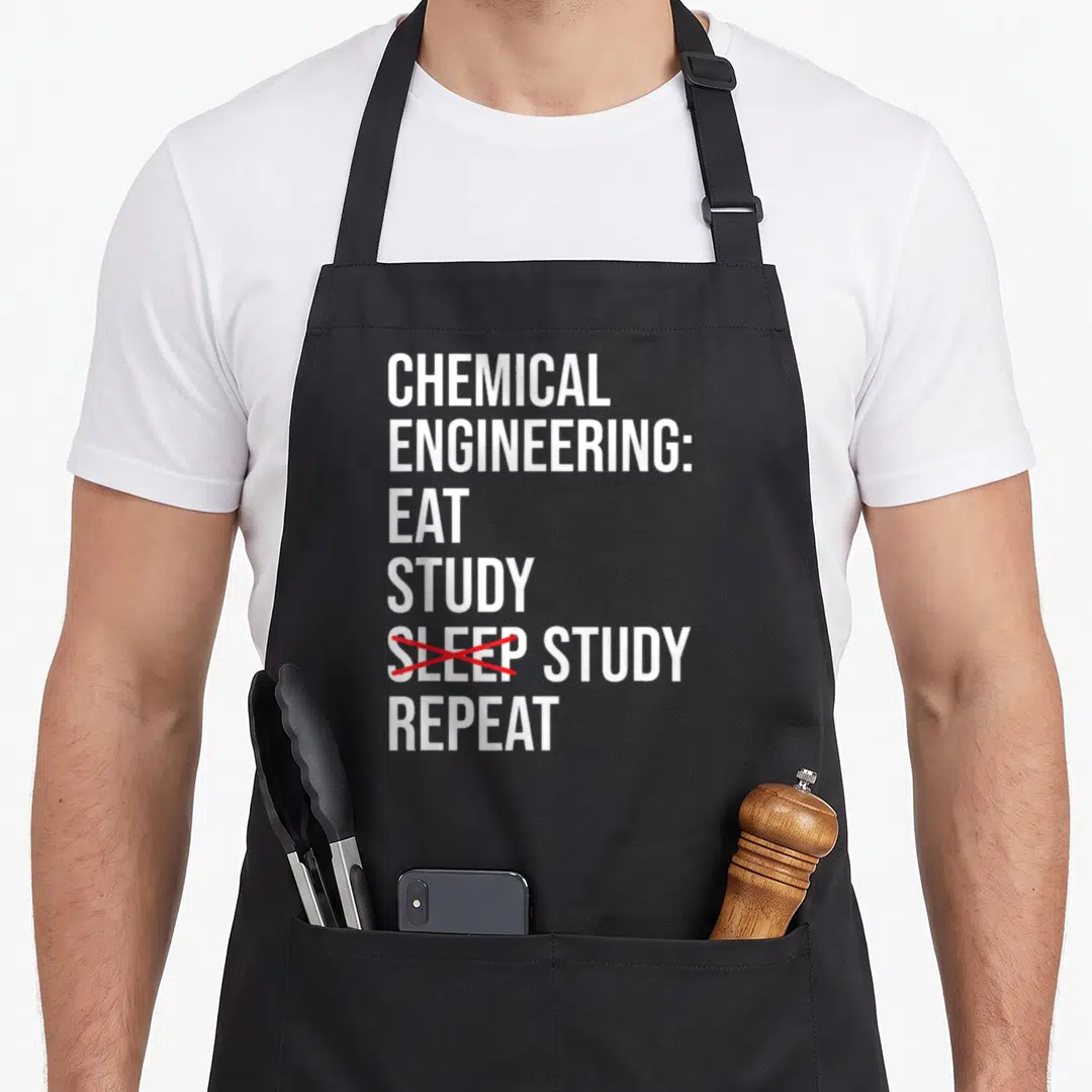 Engineering chemical apron - White stacked text CHEMICAL ENGINEERING EAT STUDY REPEAT with red X crossing out SLEEP — shown on a black cotton canvas apron against a white background