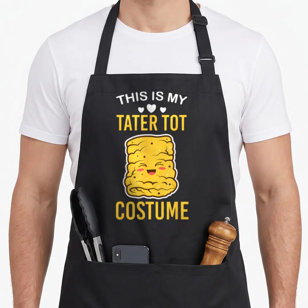 Tater halloween apron - Cartoon yellow tater tot stack with white and yellow text reading THIS IS MY TATER TOT COSTUME — shown on a black cotton canvas apron against a white background