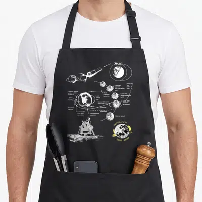 Mission apollo apron - White line-art Apollo 11 mission diagram on black apron — shown on a black cotton canvas apron against a white background