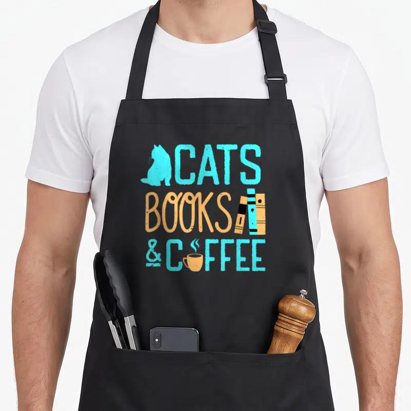 Nerd cat apron - Cyan cat silhouette and tan coffee cup flanking stacked text reading CATS BOOKS & COFFEE — shown on a black cotton canvas apron against a white background