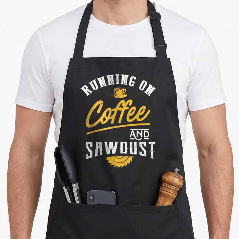 Running woodworking apron - Distressed white and yellow text reading running on coffee and sawdust with cup and saw — shown on a black cotton canvas apron against a white background