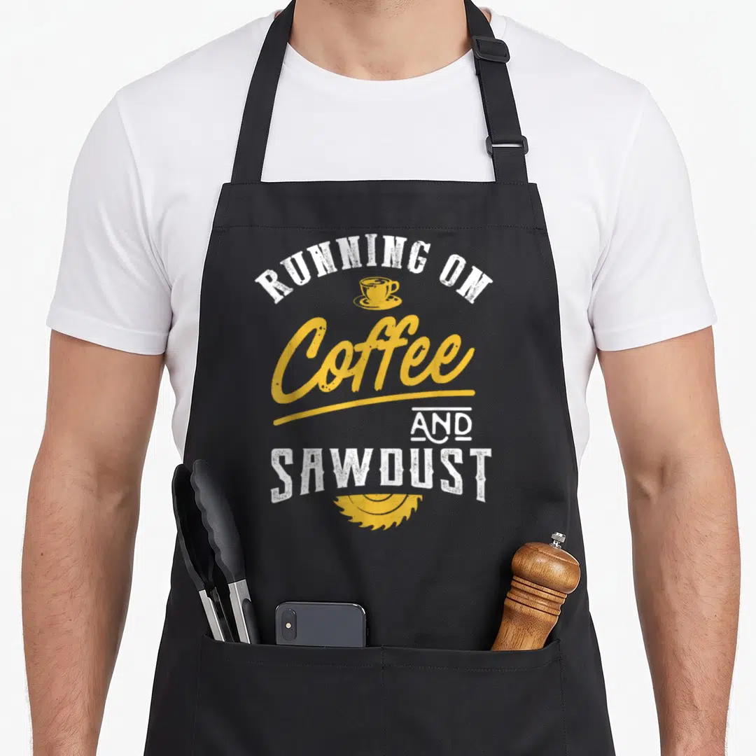 Running woodworking apron - Distressed white and yellow text reading running on coffee and sawdust with cup and saw — shown on a black cotton canvas apron against a white background