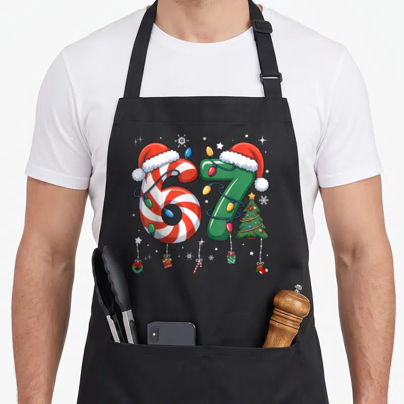 Meme six christmas apron - Number 67 wearing Santa hats wrapped in lights with ornaments and a tree — shown on a black cotton canvas apron against a white background
