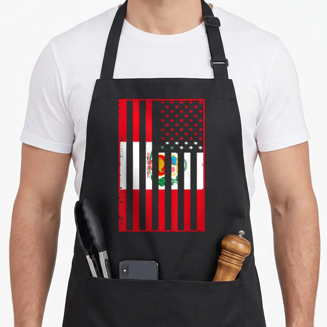Peru peruvian american flag apron - Distressed red white grey vertical stripe flag with red stars and central emblem — shown on a black cotton canvas apron against a white background