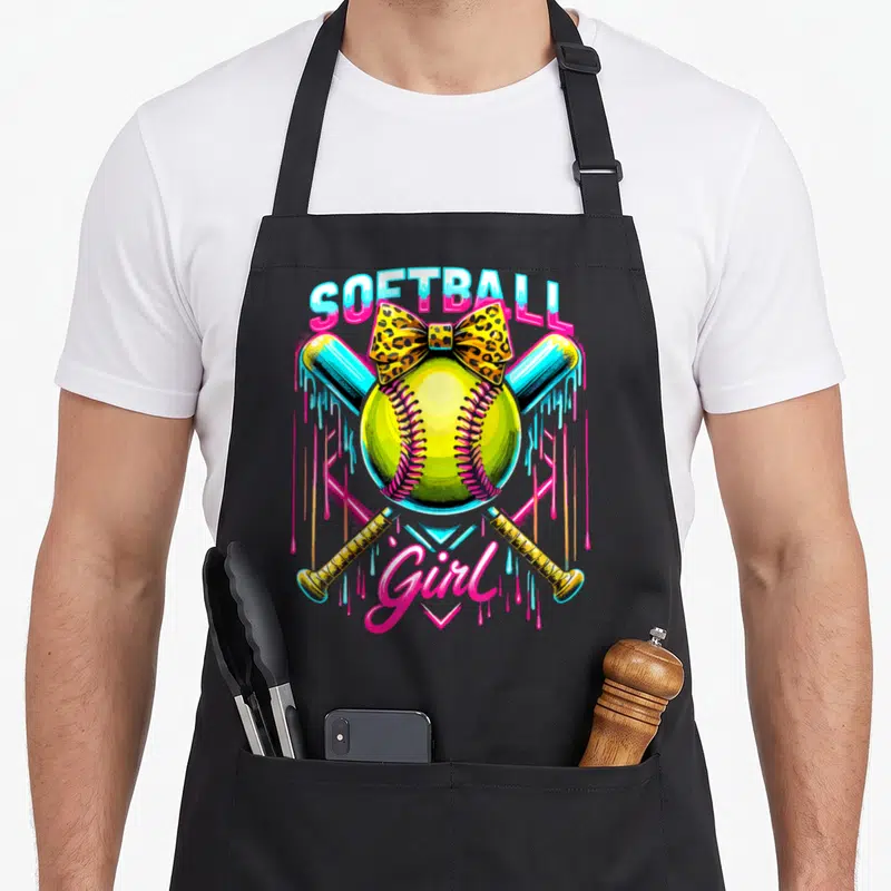 Softball ice cream apron - Yellow softball with crossed bats, leopard bow, and colorful drips with text — shown on a black cotton canvas apron against a white background