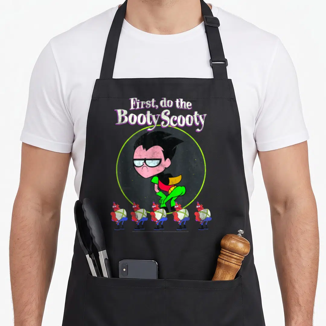 Booty robin lover apron - Robin in green-bordered circle with five demons below and stacked Booty Scooty text — shown on a black cotton canvas apron against a white background