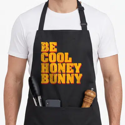 Honey bunny apron - Stacked yellow and red text reading BE COOL HONEY BUNNY with distressed texture — shown on a black cotton canvas apron against a white background