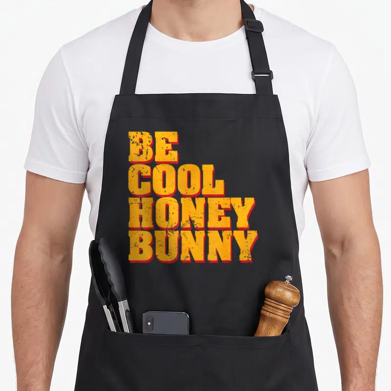 Honey bunny apron - Stacked yellow and red text reading BE COOL HONEY BUNNY with distressed texture — shown on a black cotton canvas apron against a white background