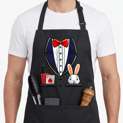 Magician halloween apron - Cartoon tuxedo with red bow tie, ace of spades, wand and rabbit head in navy blue white — shown on a black cotton canvas apron against a white background