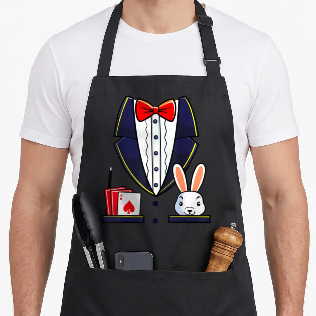 Magician halloween apron - Cartoon tuxedo with red bow tie, ace of spades, wand and rabbit head in navy blue white — shown on a black cotton canvas apron against a white background