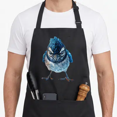 Blue jay lover apron - Realistic blue, white, and grey bird facing forward on black fabric — shown on a black cotton canvas apron against a white background