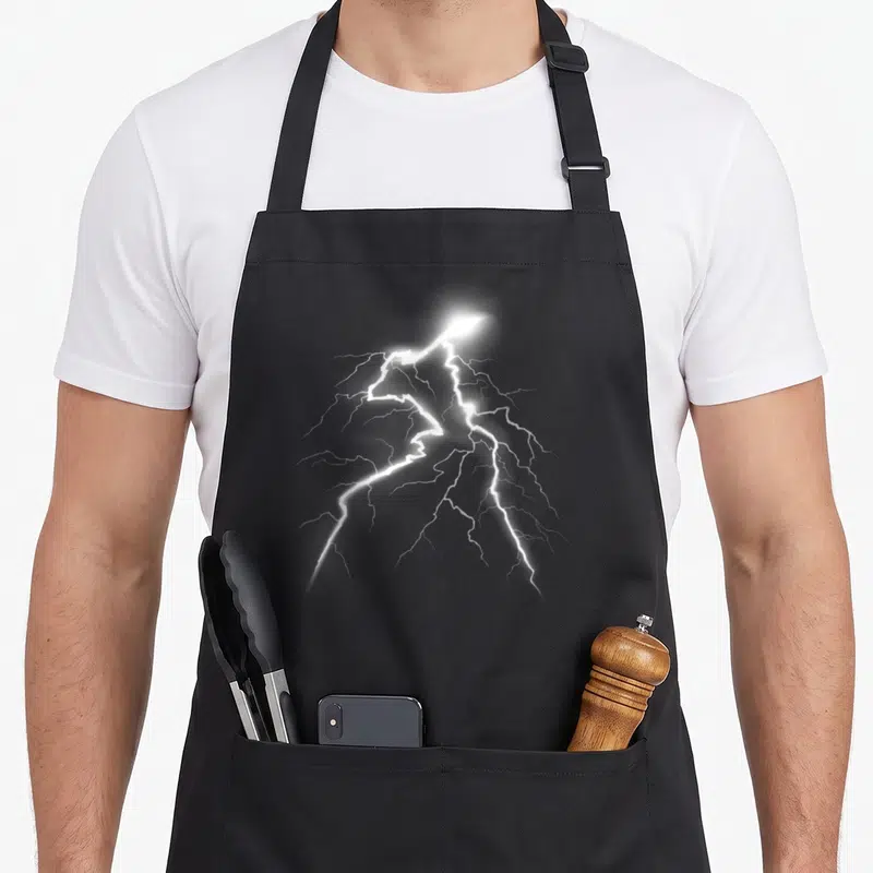 Lightning lighting bolt apron - Realistic white lightning bolt with branching tendrils on a dark background — shown on a black cotton canvas apron against a white background