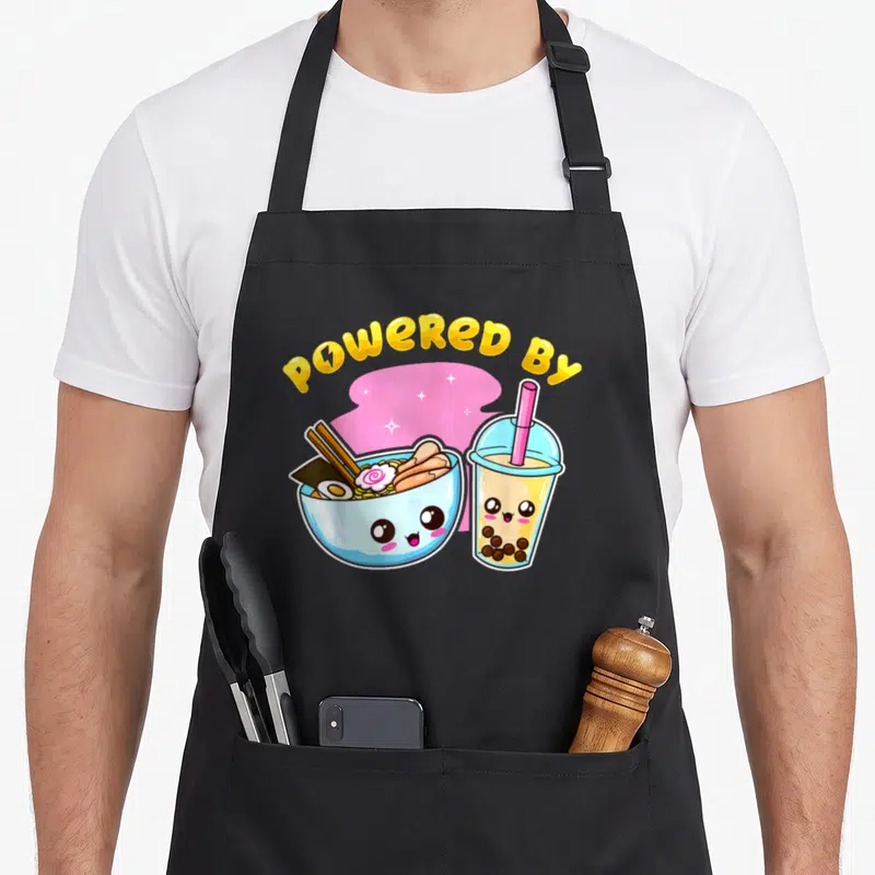 Bubble anime apron - POWERED BY text over cartoon ramen bowl and boba tea cup with pink stars — shown on a black cotton canvas apron against a white background