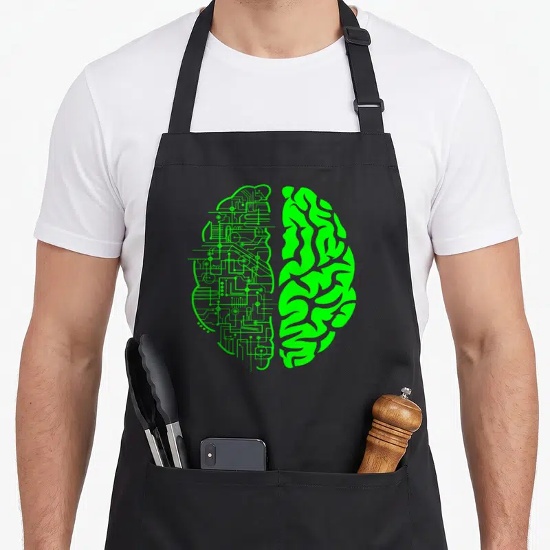 Binary game aprons - Green brain split vertically with circuit lines and organic folds — shown on a black cotton canvas apron against a white background