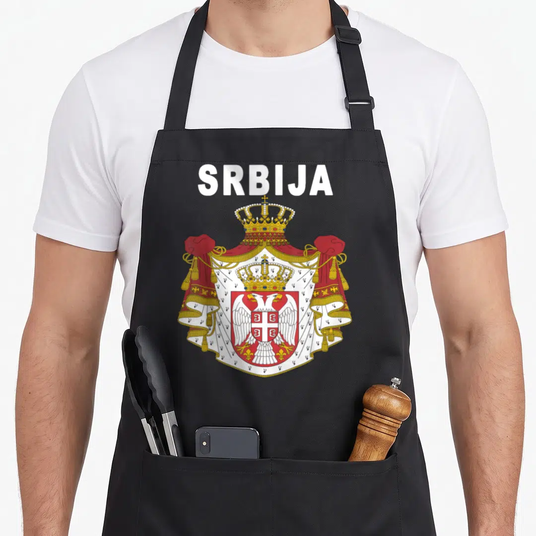 Serbian yugoslavia apron - White SRBIJA text above red gold white coat of arms on black background — shown on a black cotton canvas apron against a white background