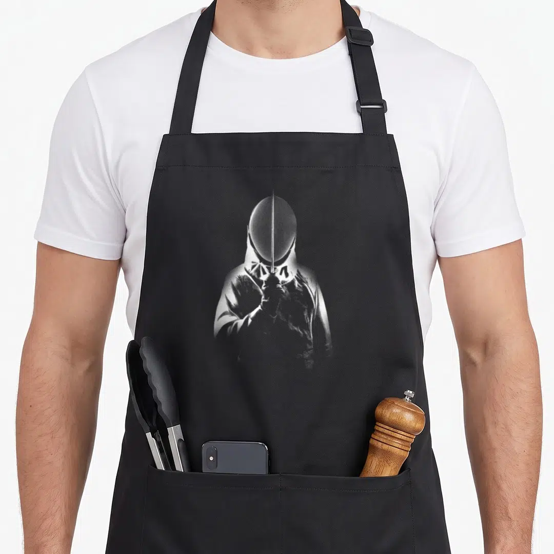 Stance fencing apron - Realistic white and grey fencer holding a foil vertically on grey background — shown on a black cotton canvas apron against a white background