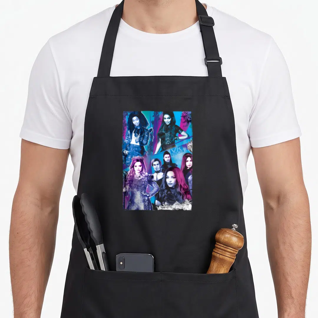 Descendant novelty apron - Photo collage of six people in purple blue black with VK SQUAD text on right — shown on a black cotton canvas apron against a white background