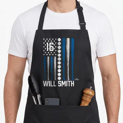 Smith american flag apron - Distressed blue and white flag design with number 16, baseballs, bat stripes, and Will — shown on a black cotton canvas apron against a white background