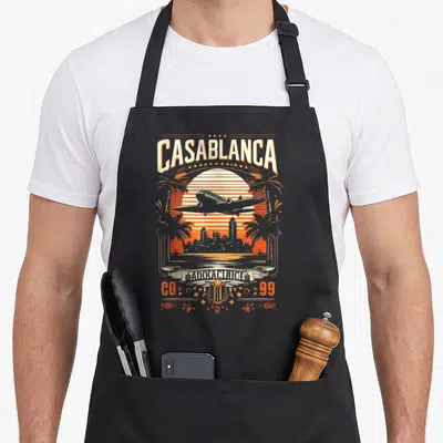 Skyline casablanca apron - Retro cityscape with striped sun, airplane, palm trees, ribbon text, hat, and roses — shown on a black cotton canvas apron against a white background