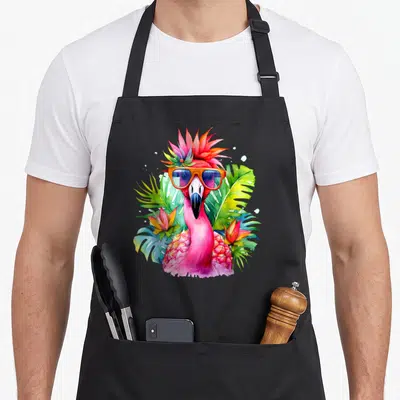 Tropical pink flamingo apron - Watercolor pink flamingo with orange sunglasses and tropical pineapple flowers — shown on a black cotton canvas apron against a white background