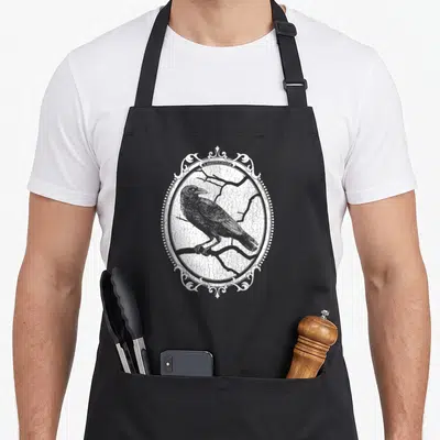 Ornate gothic apron - Distressed grey crow perched on branch inside ornate white oval frame — shown on a black cotton canvas apron against a white background