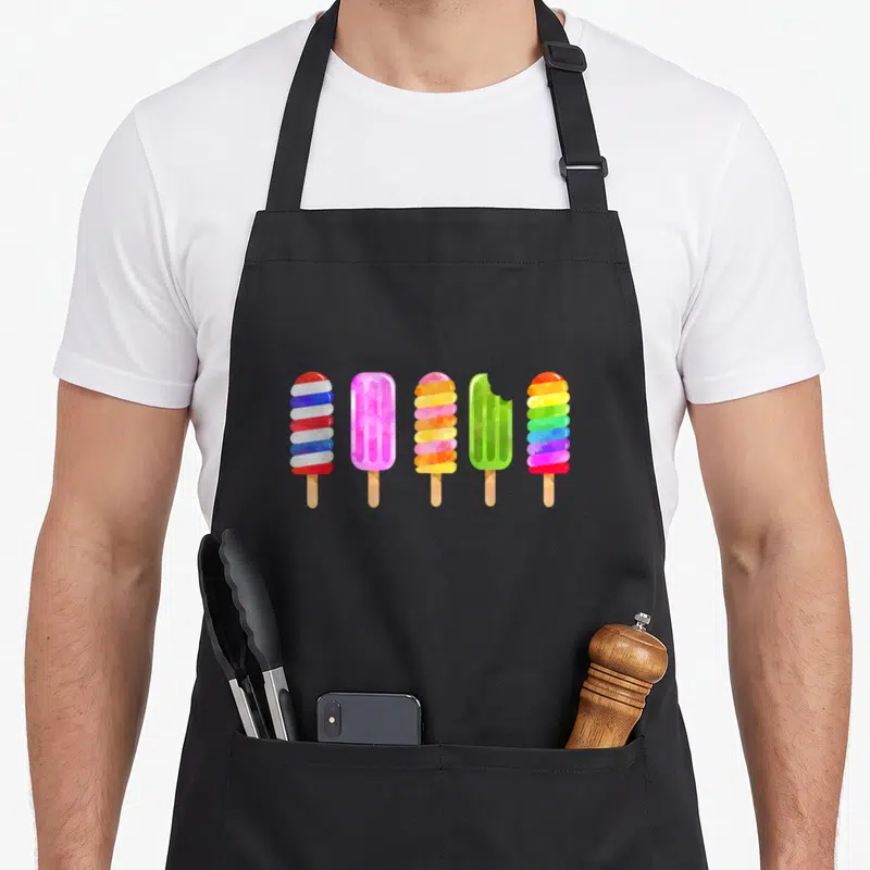 Popsicle camp chef apron - Five watercolor popsicles in red blue pink yellow and green arranged horizontally — shown on a black cotton canvas apron against a white background