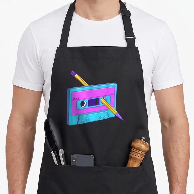 Vaporwave synthwave 80s apron - Cartoon blue pink cassette tape with yellow pencil through center and SIDE A label — shown on a black cotton canvas apron against a white background