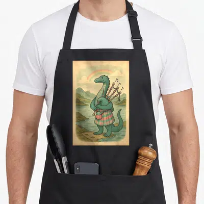 Nessie rainbow apron - Cartoon green dinosaur in plaid kilt playing bagpipes on shore under rainbow — shown on a black cotton canvas apron against a white background