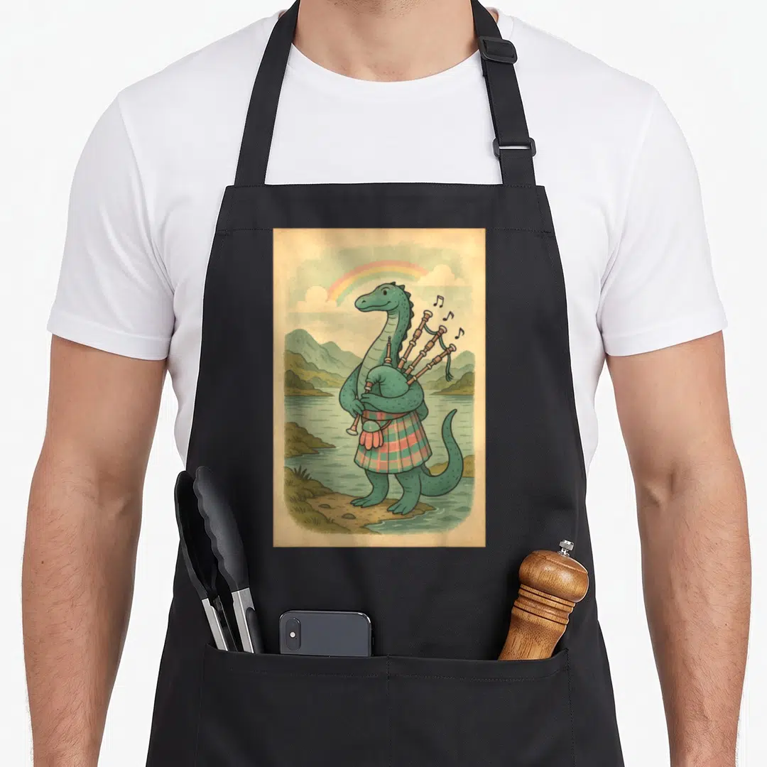 Nessie rainbow apron - Cartoon green dinosaur in plaid kilt playing bagpipes on shore under rainbow — shown on a black cotton canvas apron against a white background