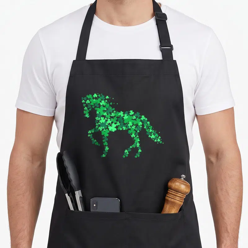 Shamrock horse apron - Cartoon horse shape formed by scattered green shamrocks — shown on a black cotton canvas apron against a white background