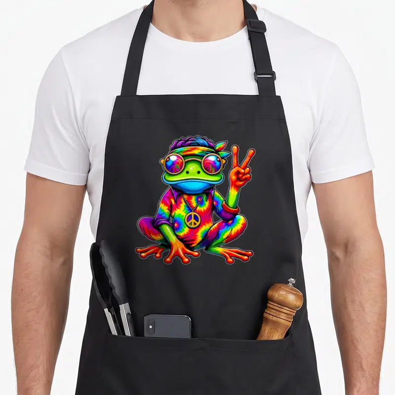 Costume tie-dye apron - Rainbow frog sitting making peace sign wearing sunglasses and tie-dye shirt with necklace — shown on a black cotton canvas apron against a white background