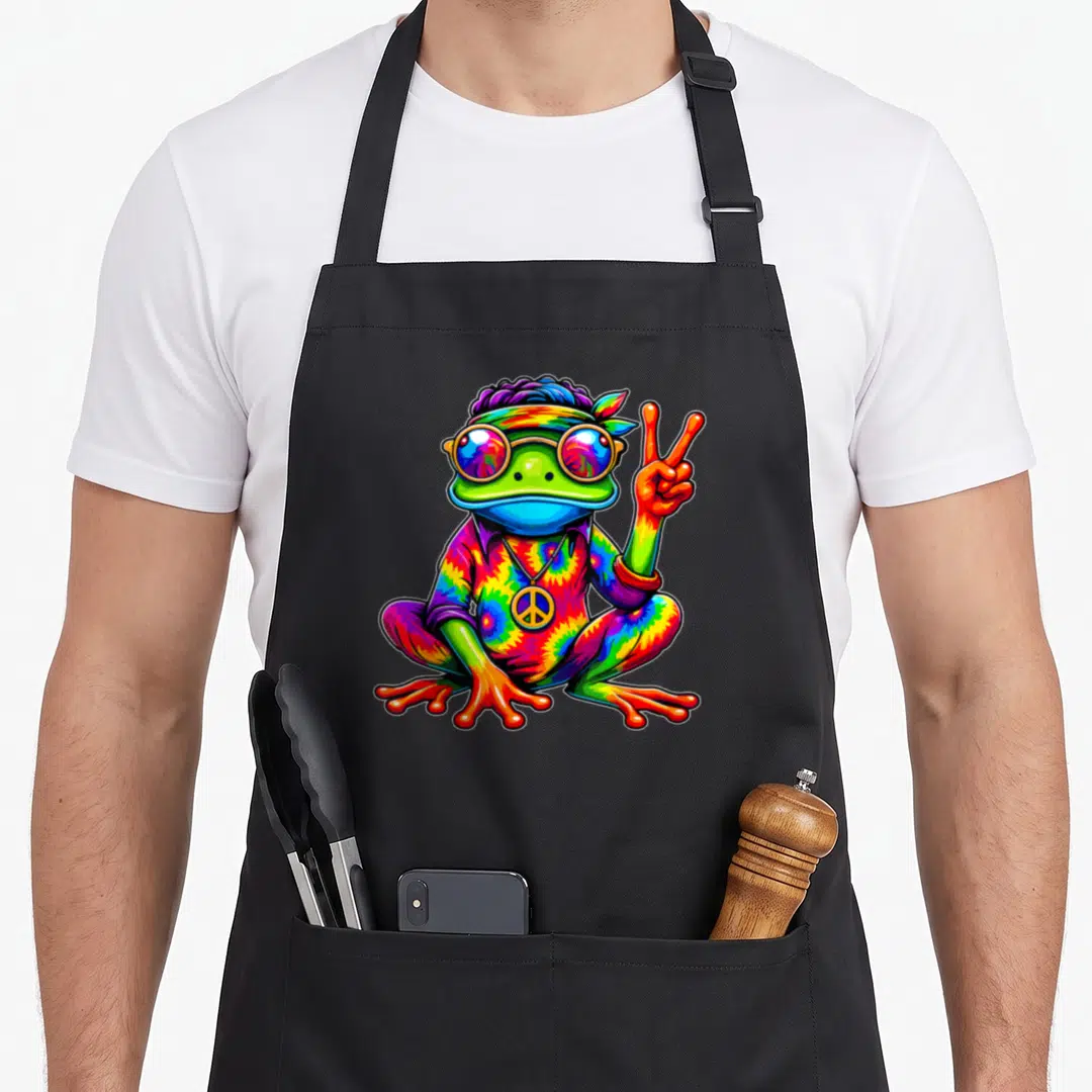 Costume tie-dye apron - Rainbow frog sitting making peace sign wearing sunglasses and tie-dye shirt with necklace — shown on a black cotton canvas apron against a white background