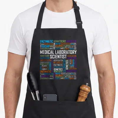 Cls laboratory apron - MEDICAL LABORATORY SCIENTIST word cloud with ENZYMATIC HEMATOCRIT BIOCHIP text in white orange — shown on a black cotton canvas apron against a white background