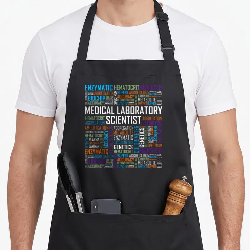 Cls laboratory apron - MEDICAL LABORATORY SCIENTIST word cloud with ENZYMATIC HEMATOCRIT BIOCHIP text in white orange — shown on a black cotton canvas apron against a white background