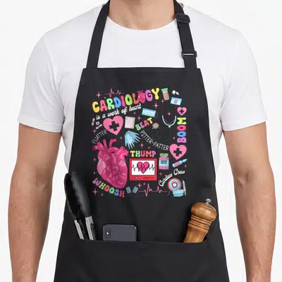 Cvicu nurse apron - Cartoon collage of heart, monitor, stethoscope, and words BEAT FLUTTER PITTER-PATTER THUMP WHOOSH — shown on a black cotton canvas apron against a white background