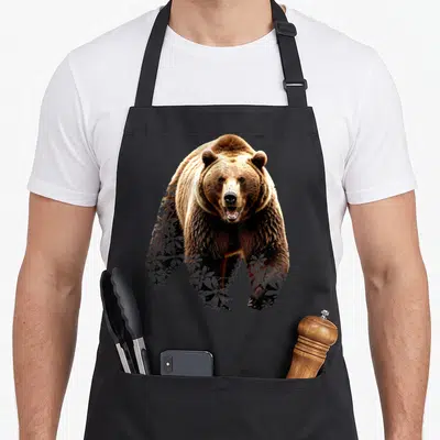 Grizzly bear apron for women - Brown bear facing forward with white flowers overlay on lower body — shown on a black cotton canvas apron against a white background