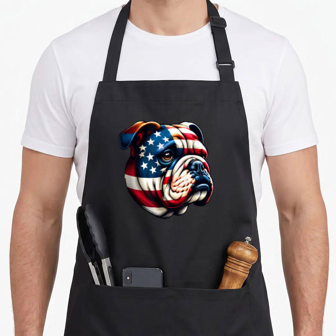 Owner american flag apron - Realistic bulldog head with skin replaced by blue red and white flag pattern — shown on a black cotton canvas apron against a white background