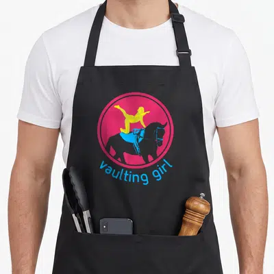 Vaulting equestrian horse apron - Minimalist yellow girl silhouette on blue horse inside pink circle with curved text — shown on a black cotton canvas apron against a white background