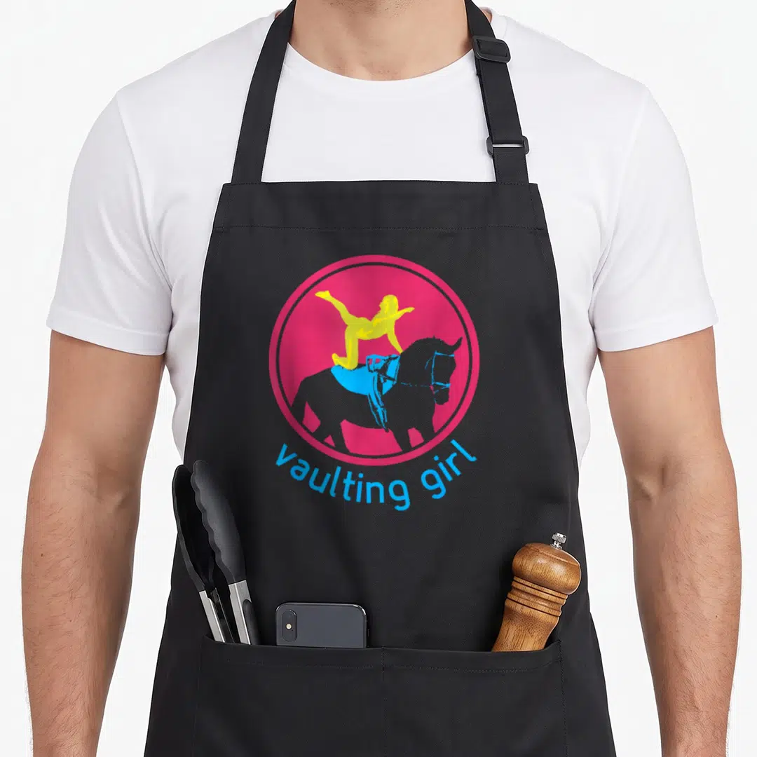 Vaulting equestrian horse apron - Minimalist yellow girl silhouette on blue horse inside pink circle with curved text — shown on a black cotton canvas apron against a white background