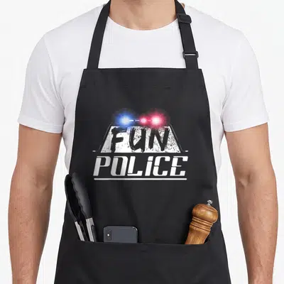 Dance police apron - White Fun Police text with blue and red police lights on black apron — shown on a black cotton canvas apron against a white background