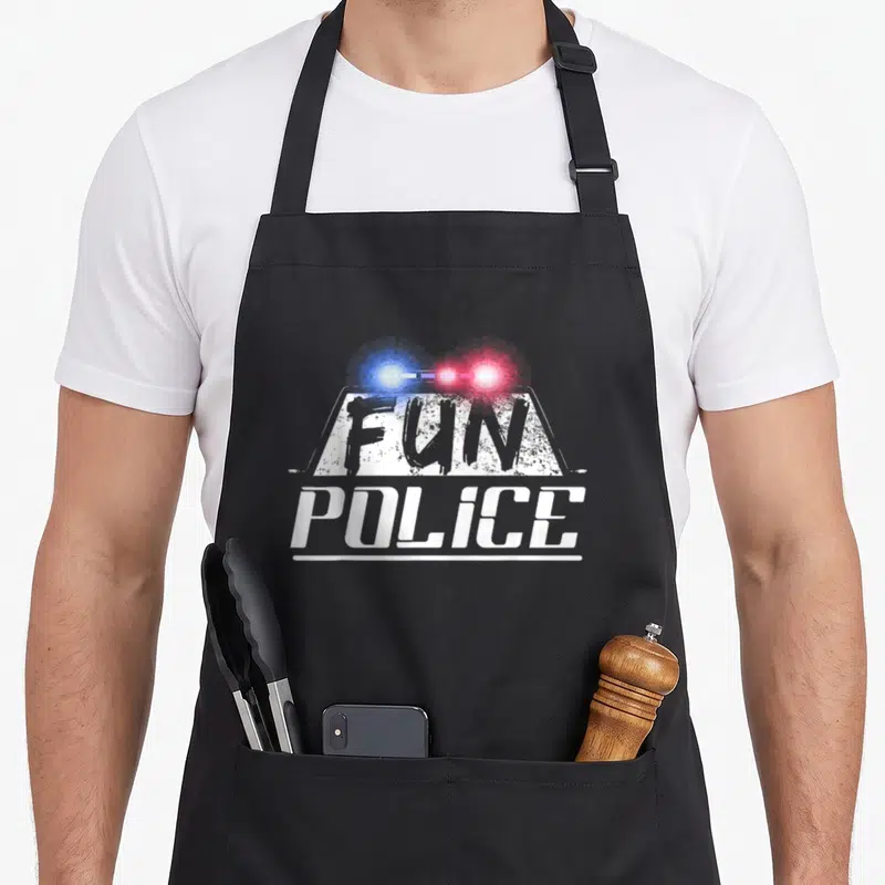 Dance police apron - White Fun Police text with blue and red police lights on black apron — shown on a black cotton canvas apron against a white background