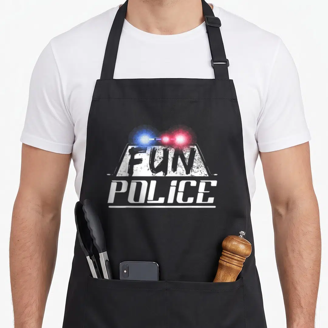 Dance police apron - White Fun Police text with blue and red police lights on black apron — shown on a black cotton canvas apron against a white background