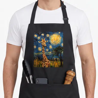Giraffe van gogh apron - Watercolor giraffe under blue starry sky with yellow stars and orange moon, tree on right — shown on a black cotton canvas apron against a white background