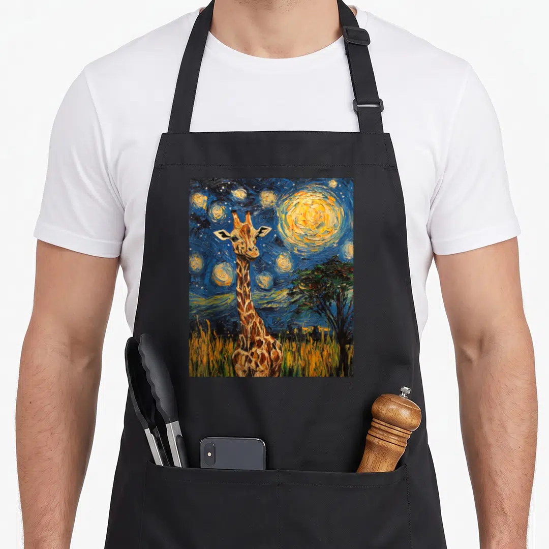 Giraffe van gogh apron - Watercolor giraffe under blue starry sky with yellow stars and orange moon, tree on right — shown on a black cotton canvas apron against a white background