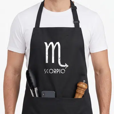 Scorpio zodiac birthday apron - White distressed Scorpio symbol and text on grey background — shown on a black cotton canvas apron against a white background
