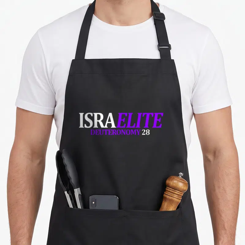 Jacob lion apron - ISRAELITE in white and purple text above DEUTERONOMY 28 in purple and white — shown on a black cotton canvas apron against a white background