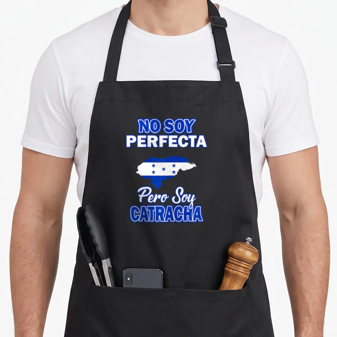 Honduras honduran boy apron - NO SOY PERFECTA and Pero Soy CATRACHA text surrounding a map of Honduras filled with blue — shown on a black cotton canvas apron against a white background
